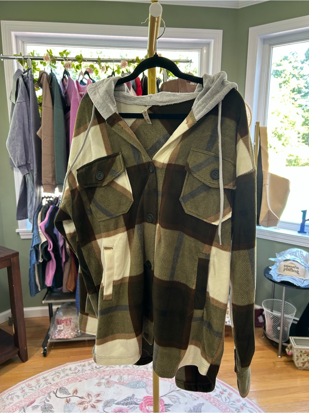 Zenana LT OLIVE PLAID DRAWSTRING HOODED FLEECE SHACKET